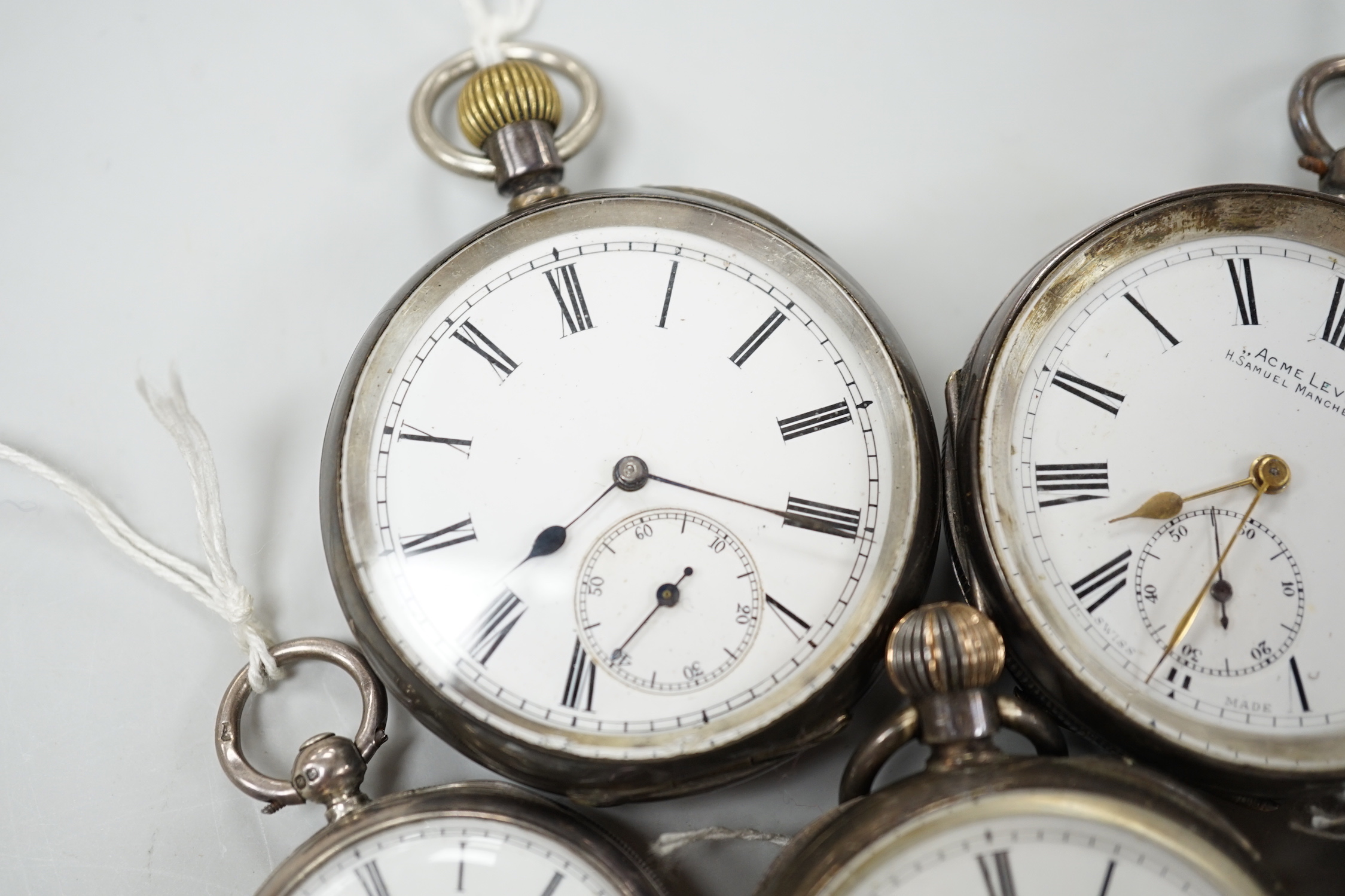 Ten assorted silver or white metal pocket watches including Sir John Bennett and Acme Lever.